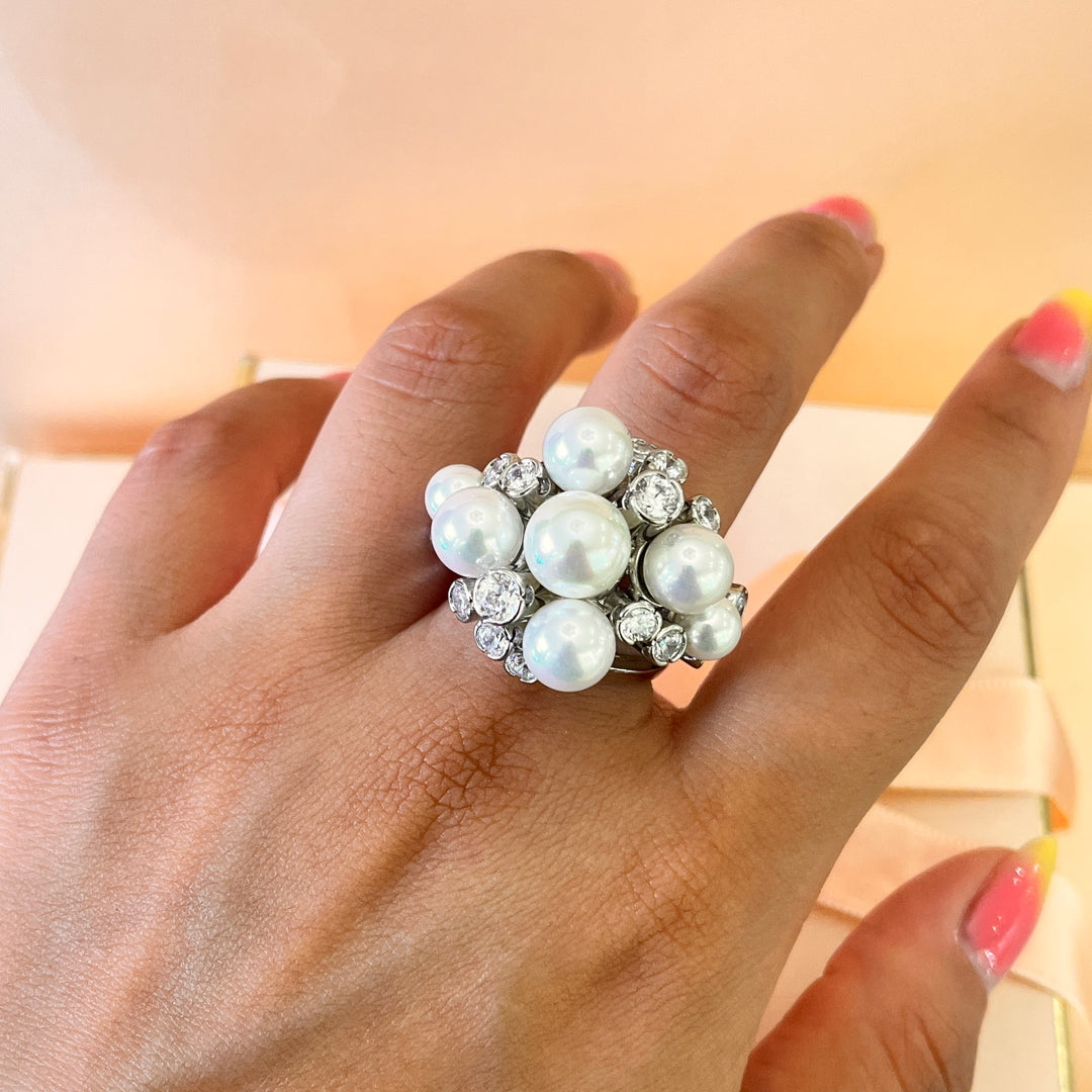 Zircone and Mallorca pearls white gold plated ring