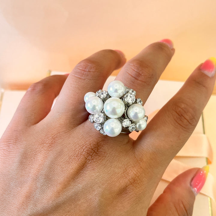 Zircone and Mallorca pearls white gold plated ring