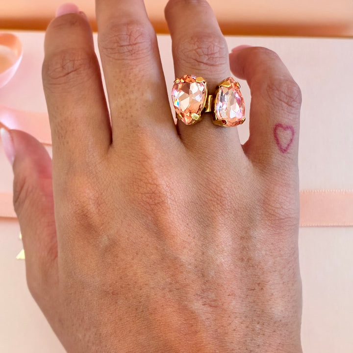 Double teardrop peach preciosa crystals ring