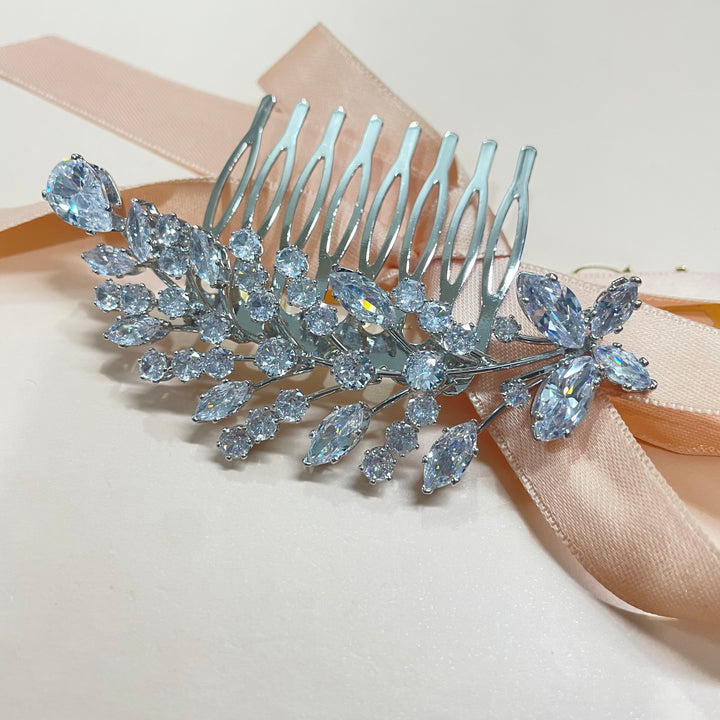 Silver butterfly detail cubic zircone comb