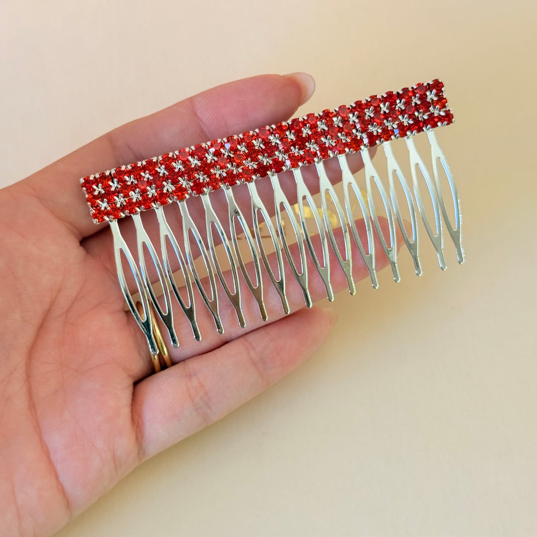 Rhinestone 3 rows red silver comb