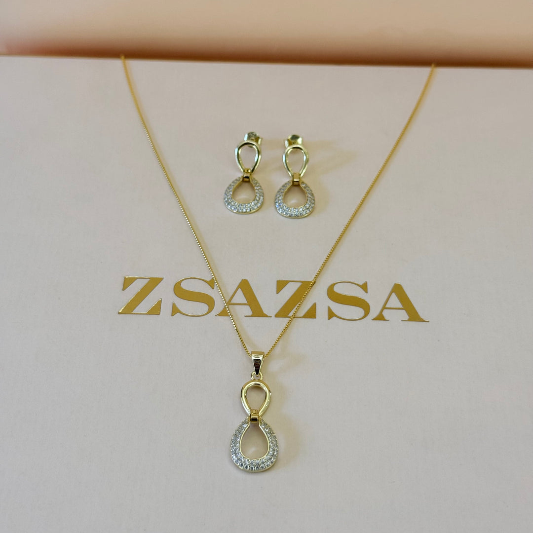 Hollow teardrop zircone sterling silver gold plated set