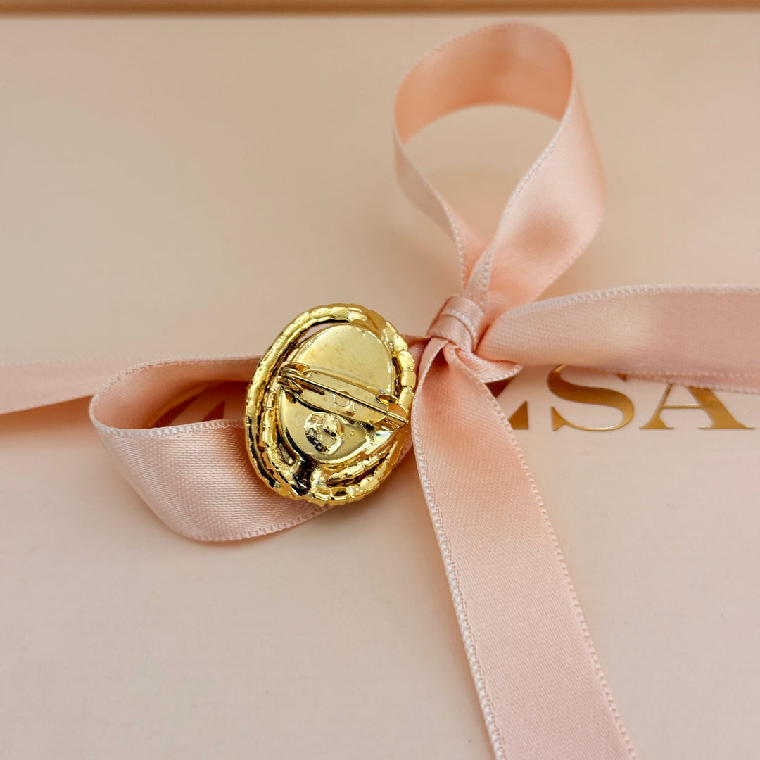 Oval White preciosa crystals gold plated brooch