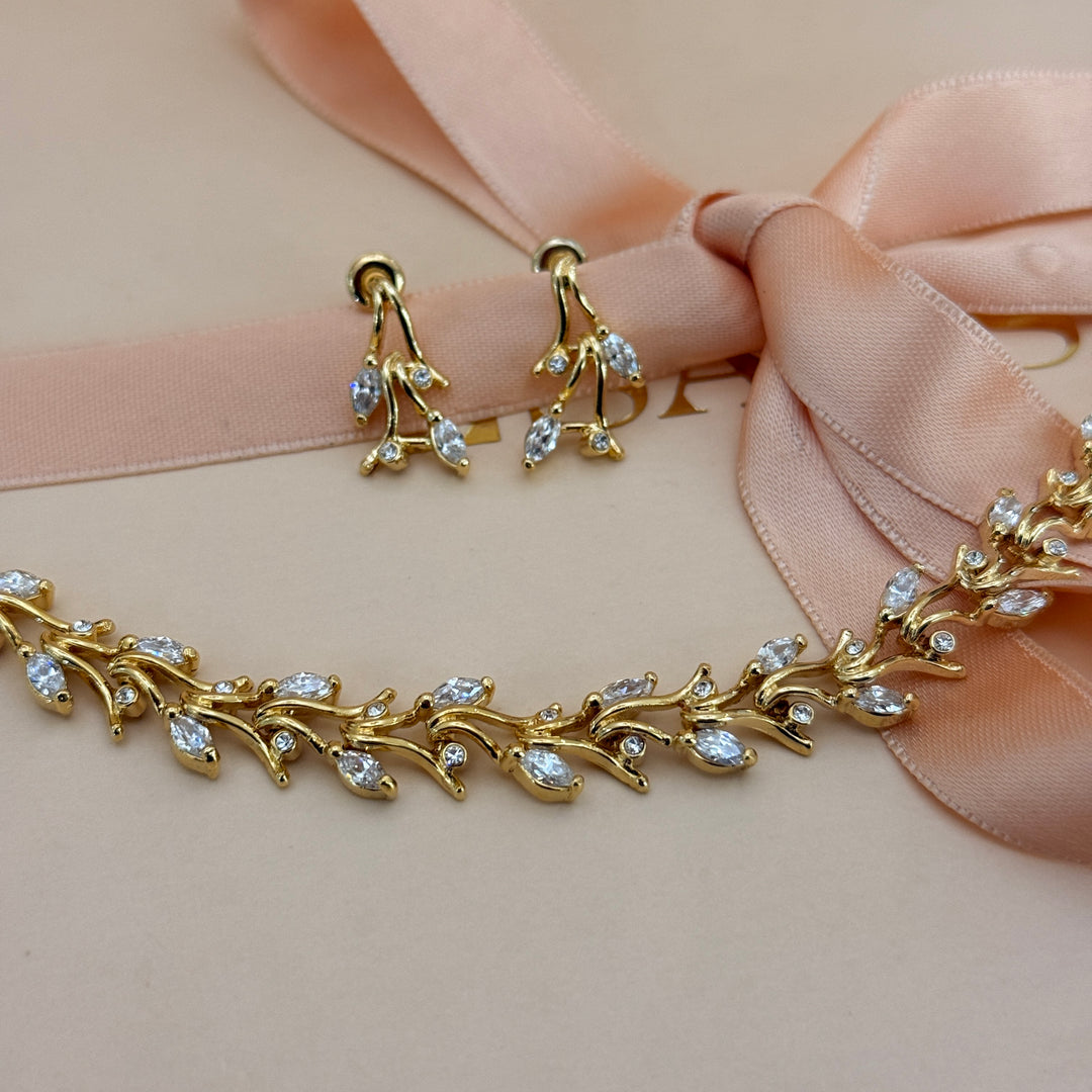 Leaves zircone gold plated earrings and bracelet