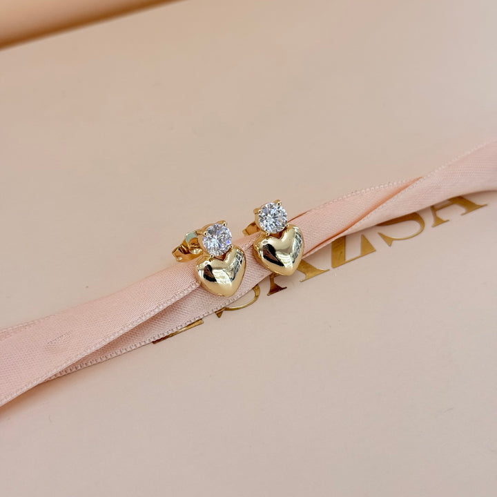 Heart and round zircone gold plated earrings