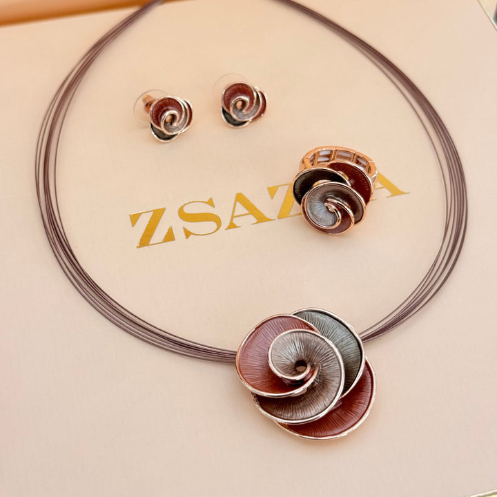 Rosette brown enamel rose gold plated set