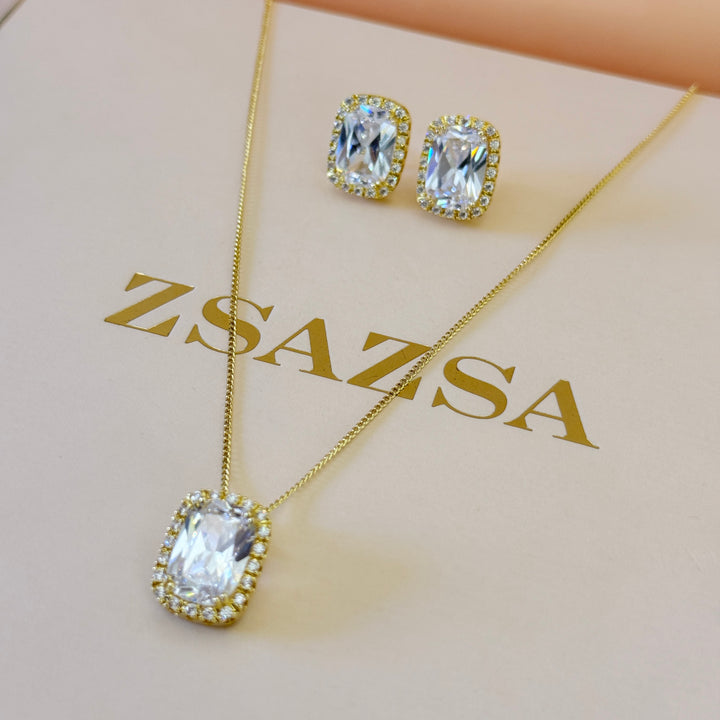 Rectangular zircone gold plated pendant set