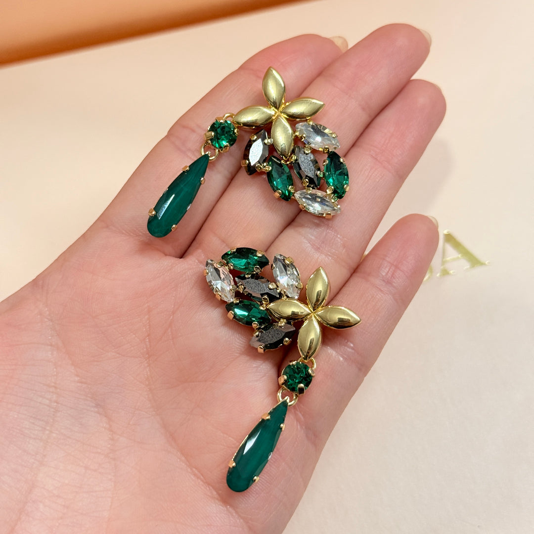 Green and grey Swarovski crystals gold plated earrings
