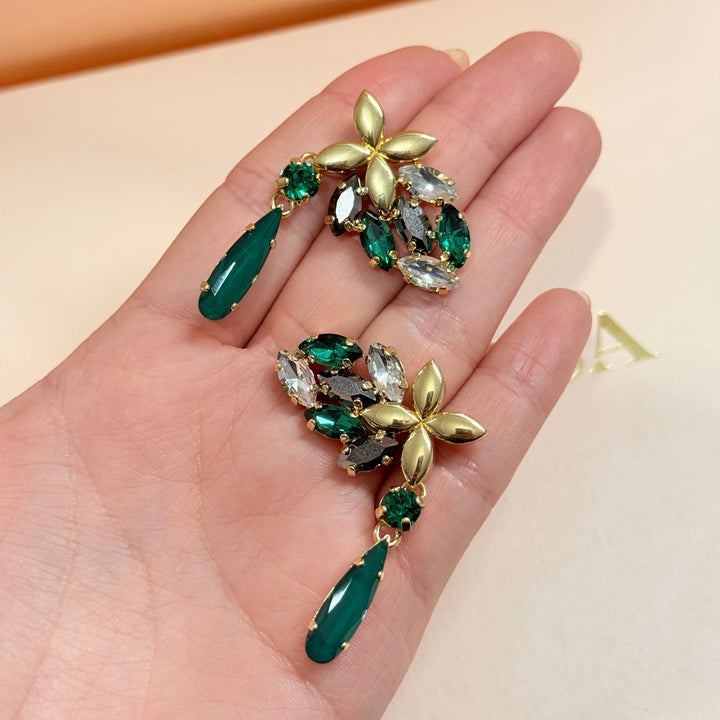 Green and grey Swarovski crystals gold plated earrings