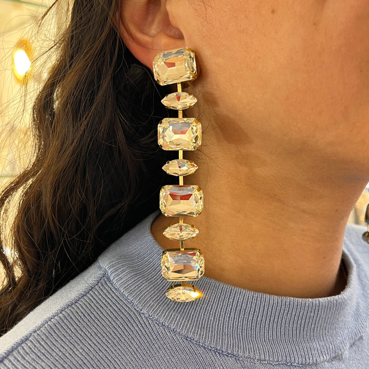 Swarovski crystals gold plated long clip on earrings