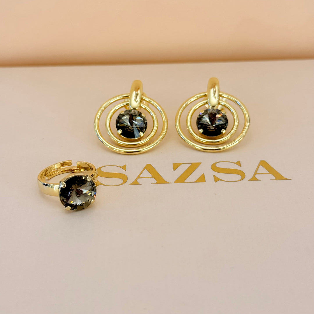 Statement bronze Swarovski crystals earrings and ring