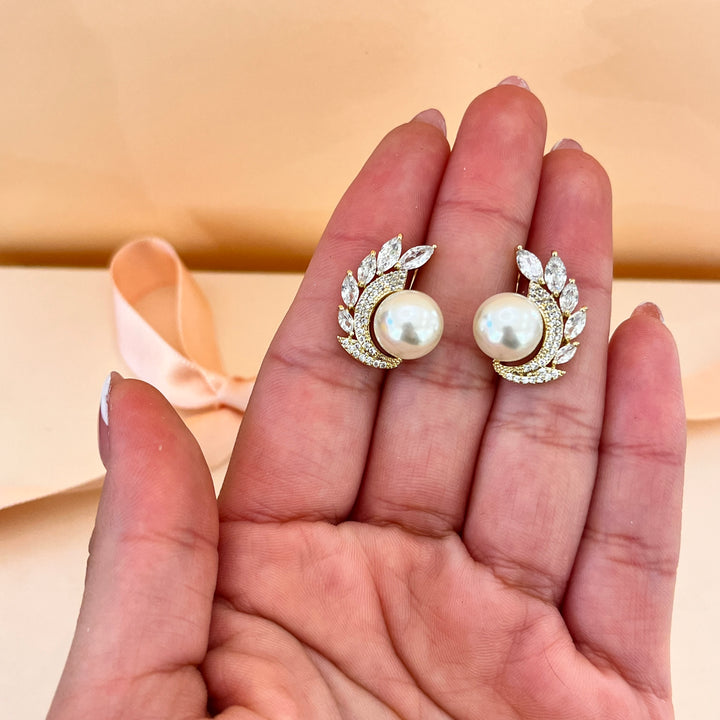 Marquise zircone and ivory pearls gold plated earrings