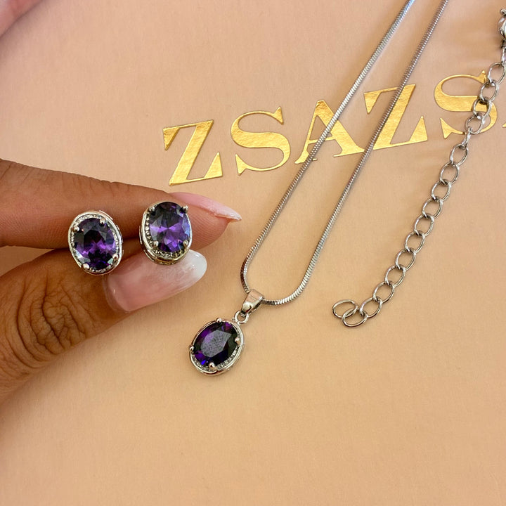 Oval purple zircone silver pendant set