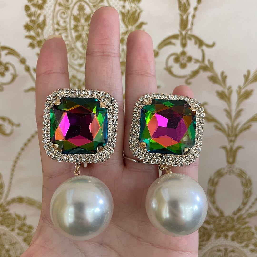Square Stone Pearl Link Dangle Evening Clip on Earrings