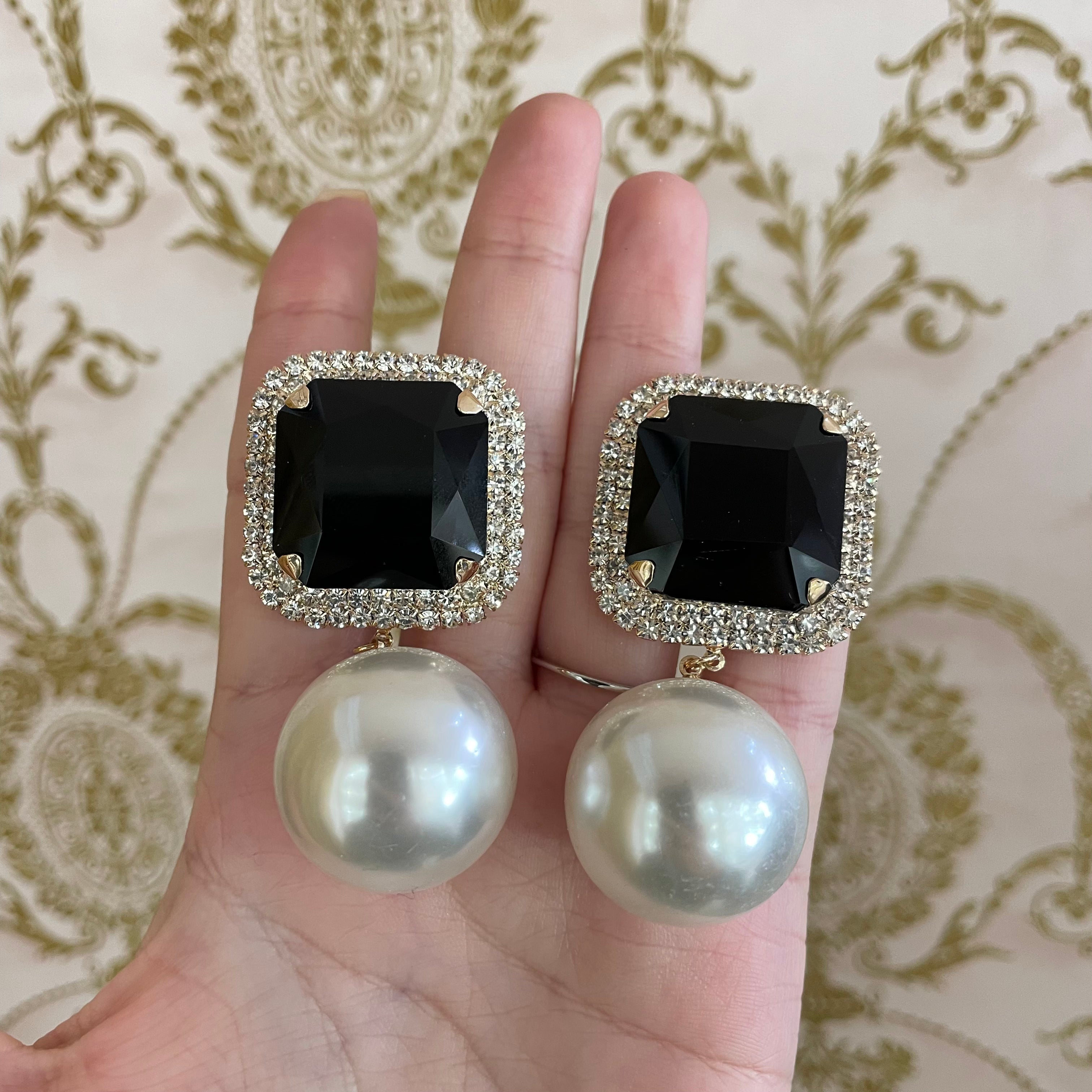 Square Stone Pearl Link Dangle Evening Clip on Earrings