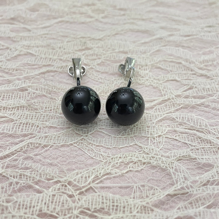 Black silver ball clips earrings