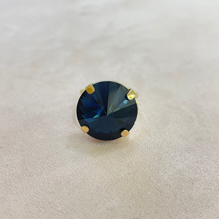 Navy blue round Swarovski crystal ring
