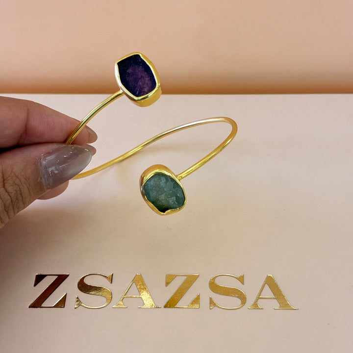 Handmade aquamarine and amethyst bangle