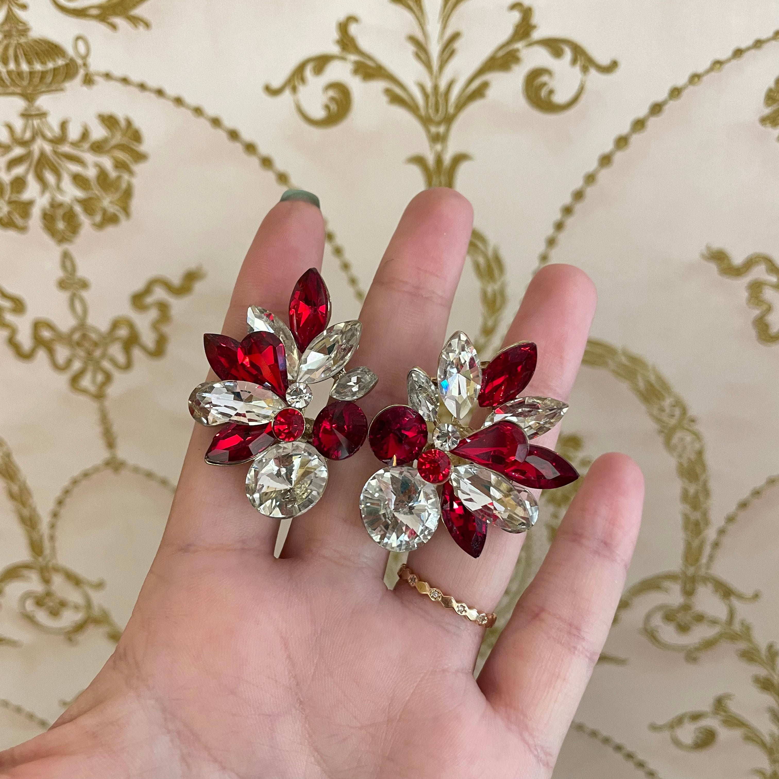 Red silver marquise clips earrings