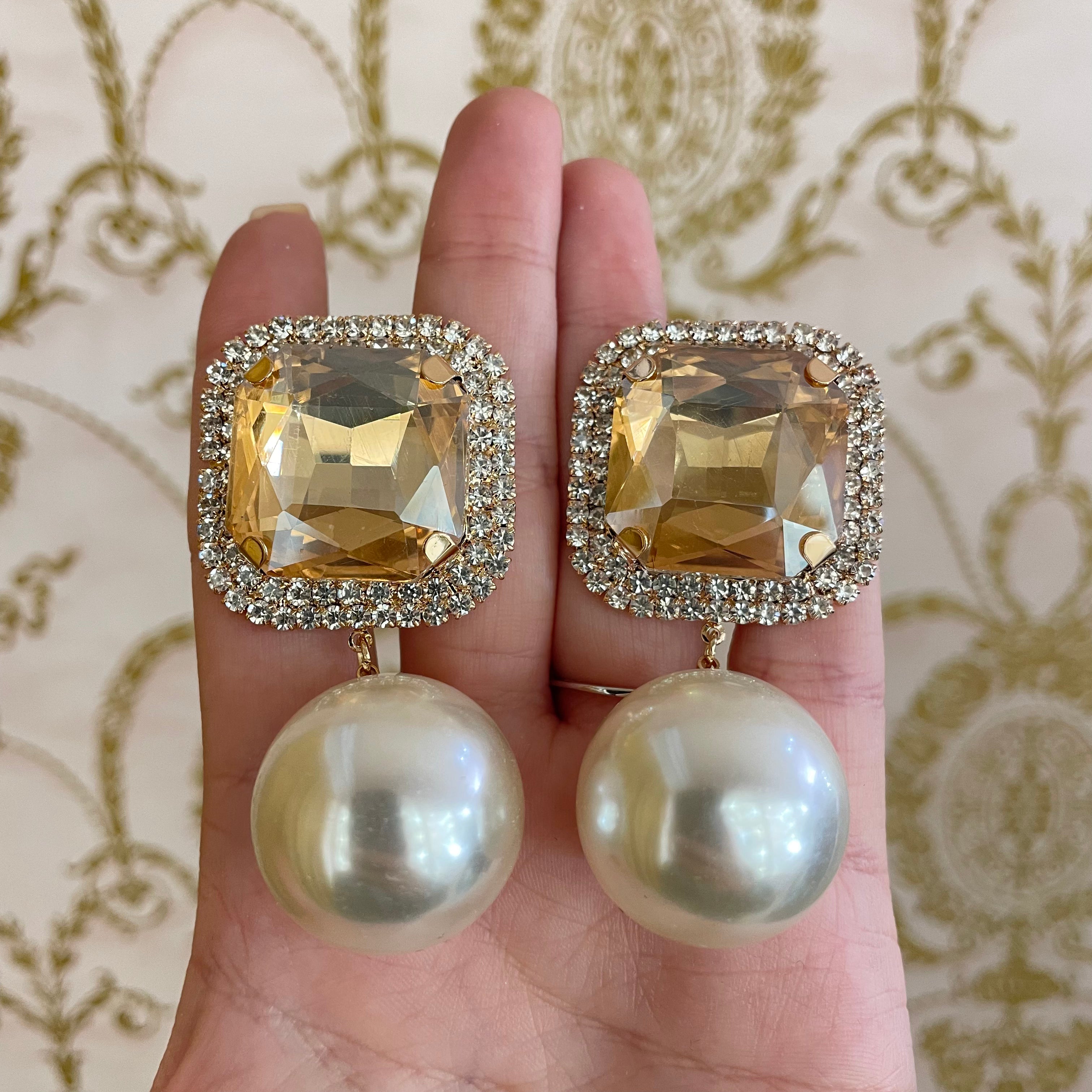 Huge Square Stone Pearl Link Dangle Evening Clip on Earrings