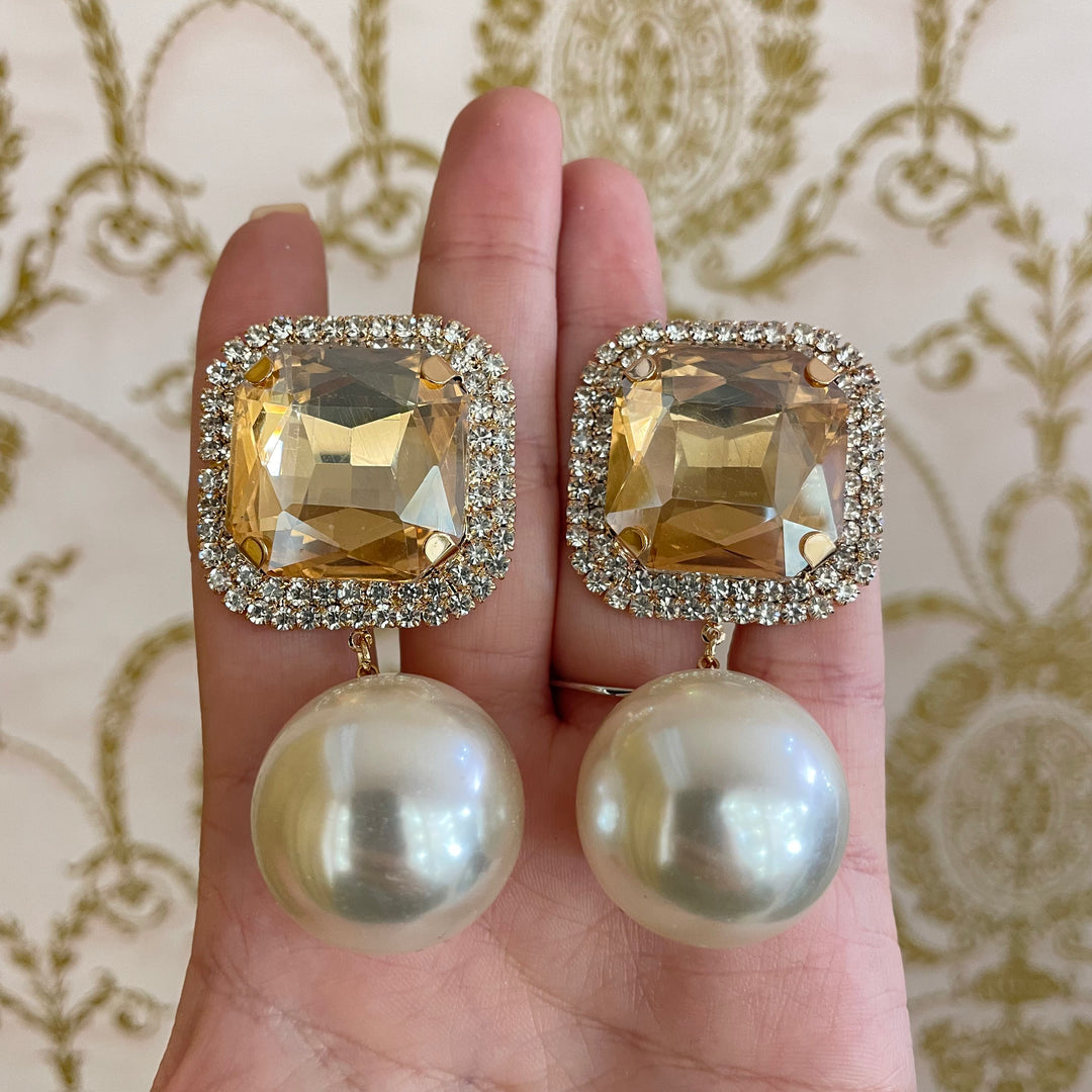 Huge Square Stone Pearl Link Dangle Evening Clip on Earrings