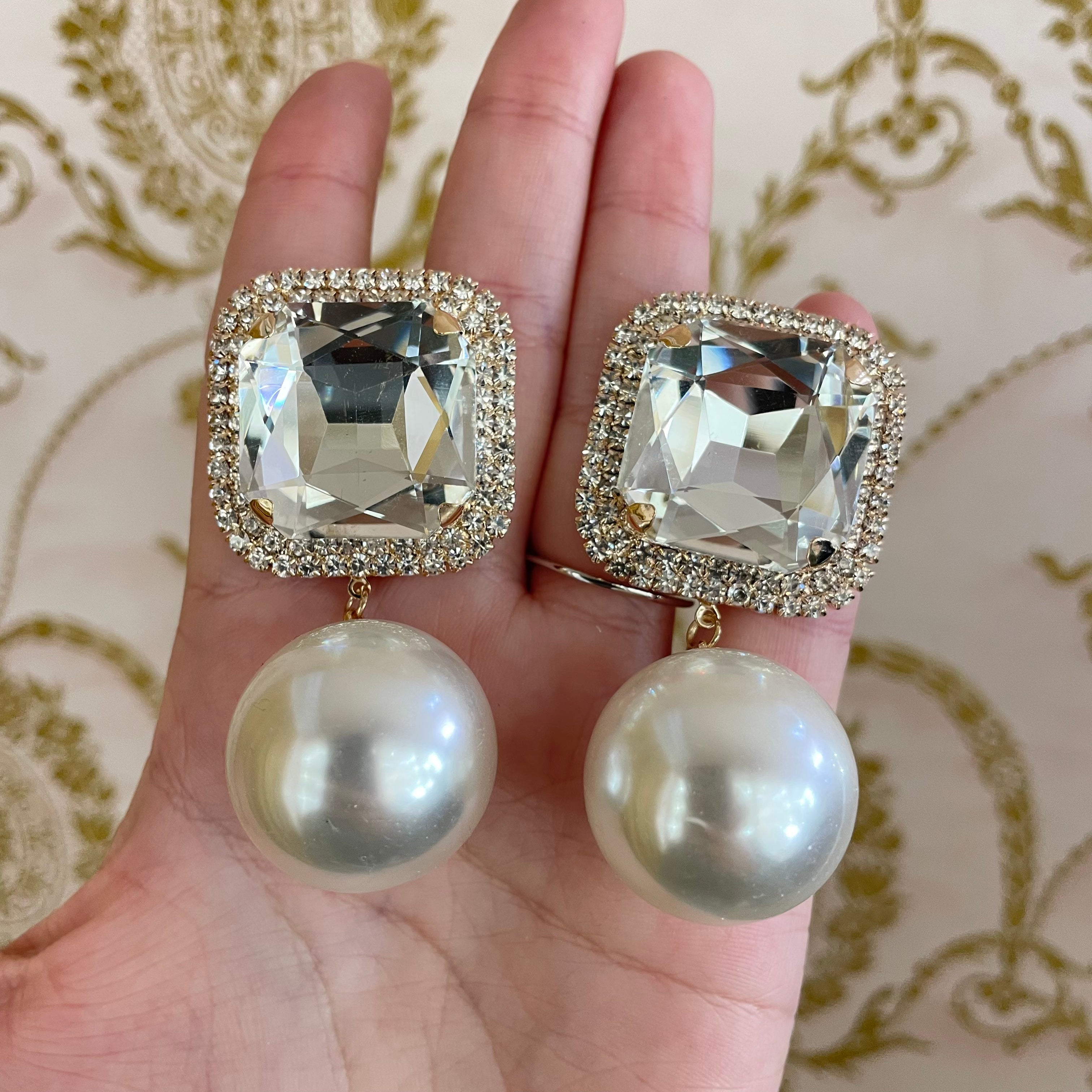 Square Stone Pearl Link Dangle Evening Clip on Earrings