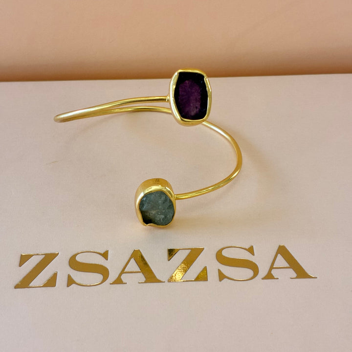 Handmade aquamarine and amethyst bangle