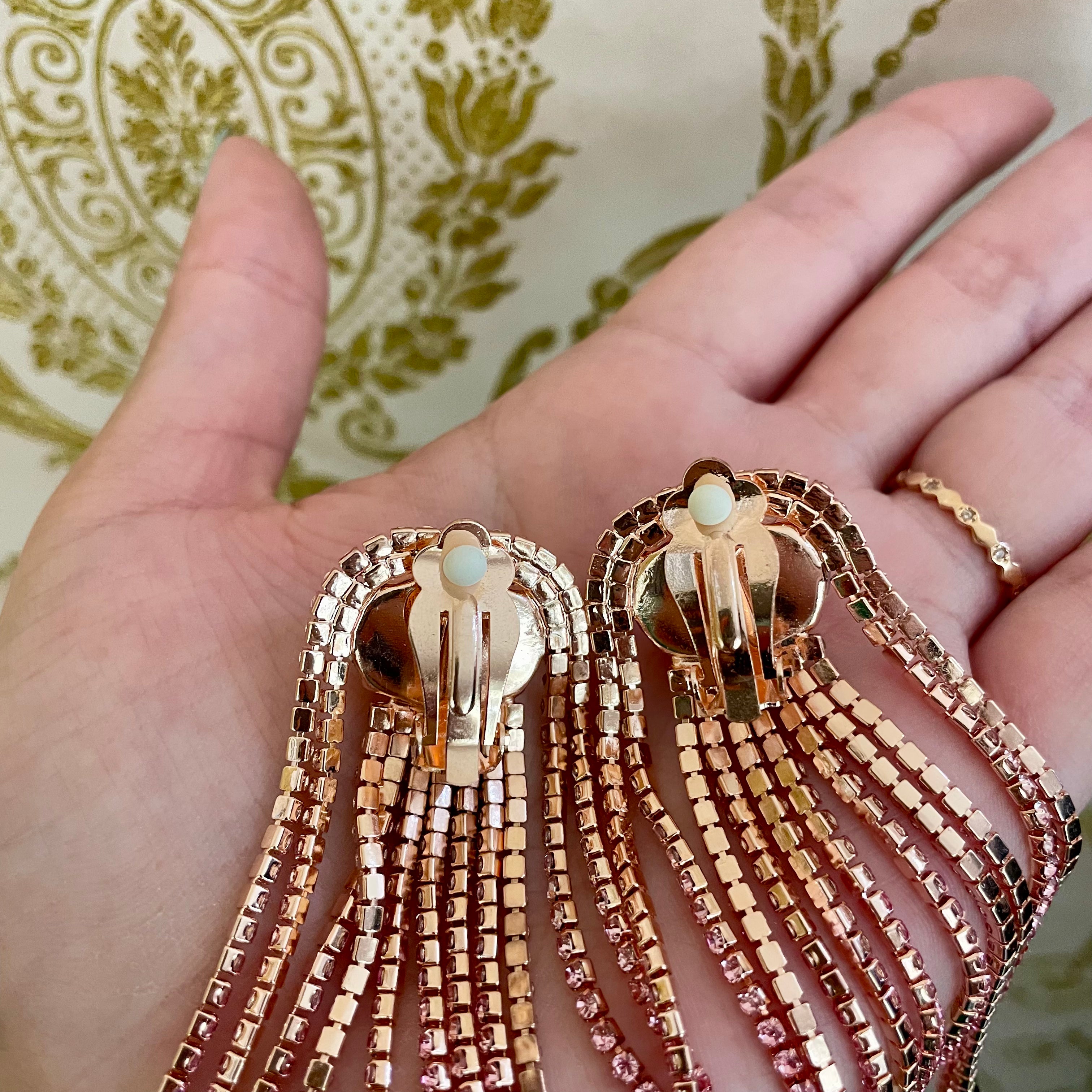 Long Fringe pink clips earrings