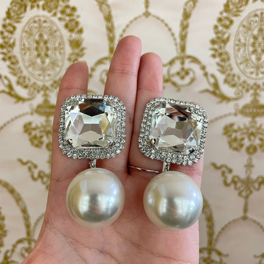 Square Stone Pearl Link Dangle Evening Clip on Earrings