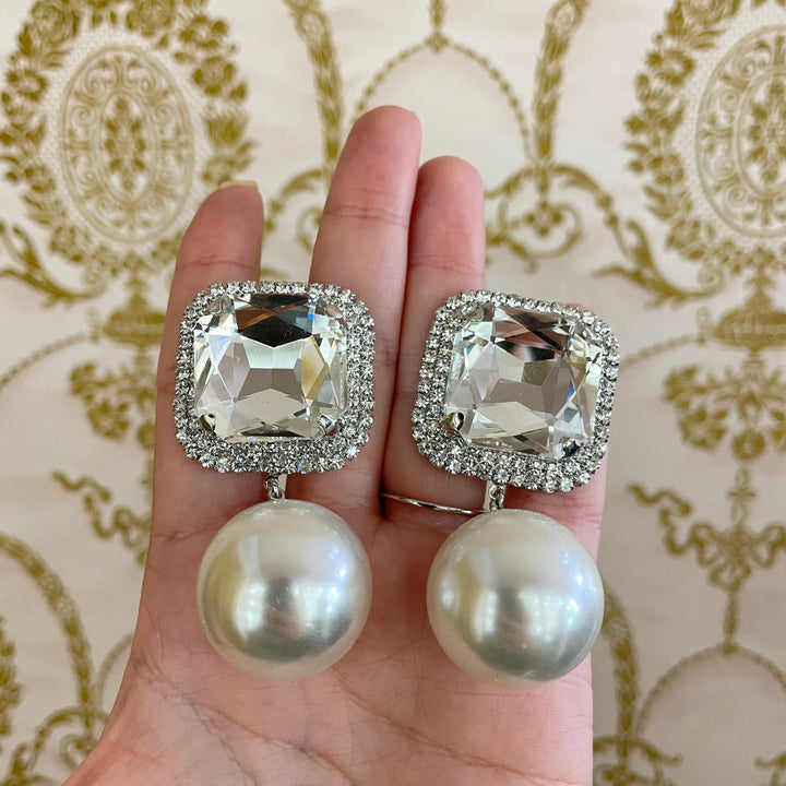 Square Stone Pearl Link Dangle Evening Clip on Earrings