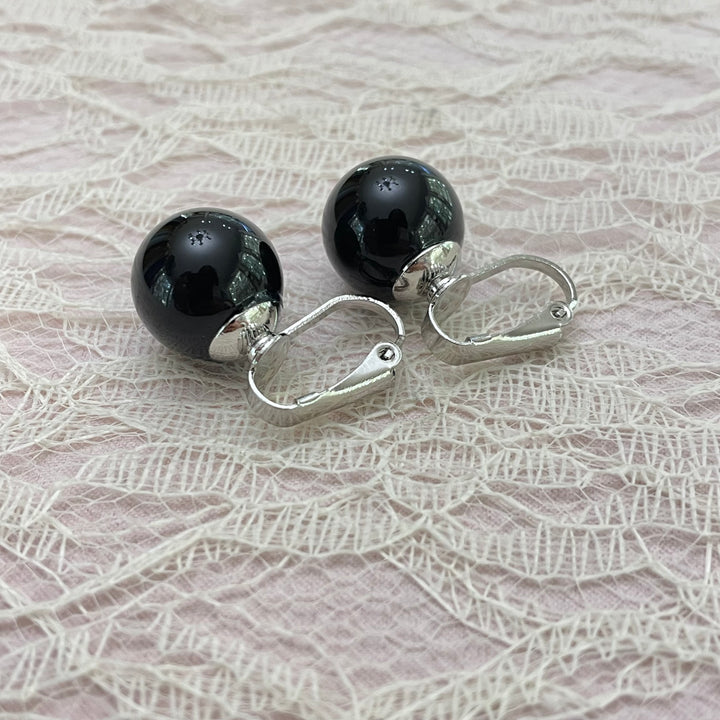 Black silver ball clips earrings