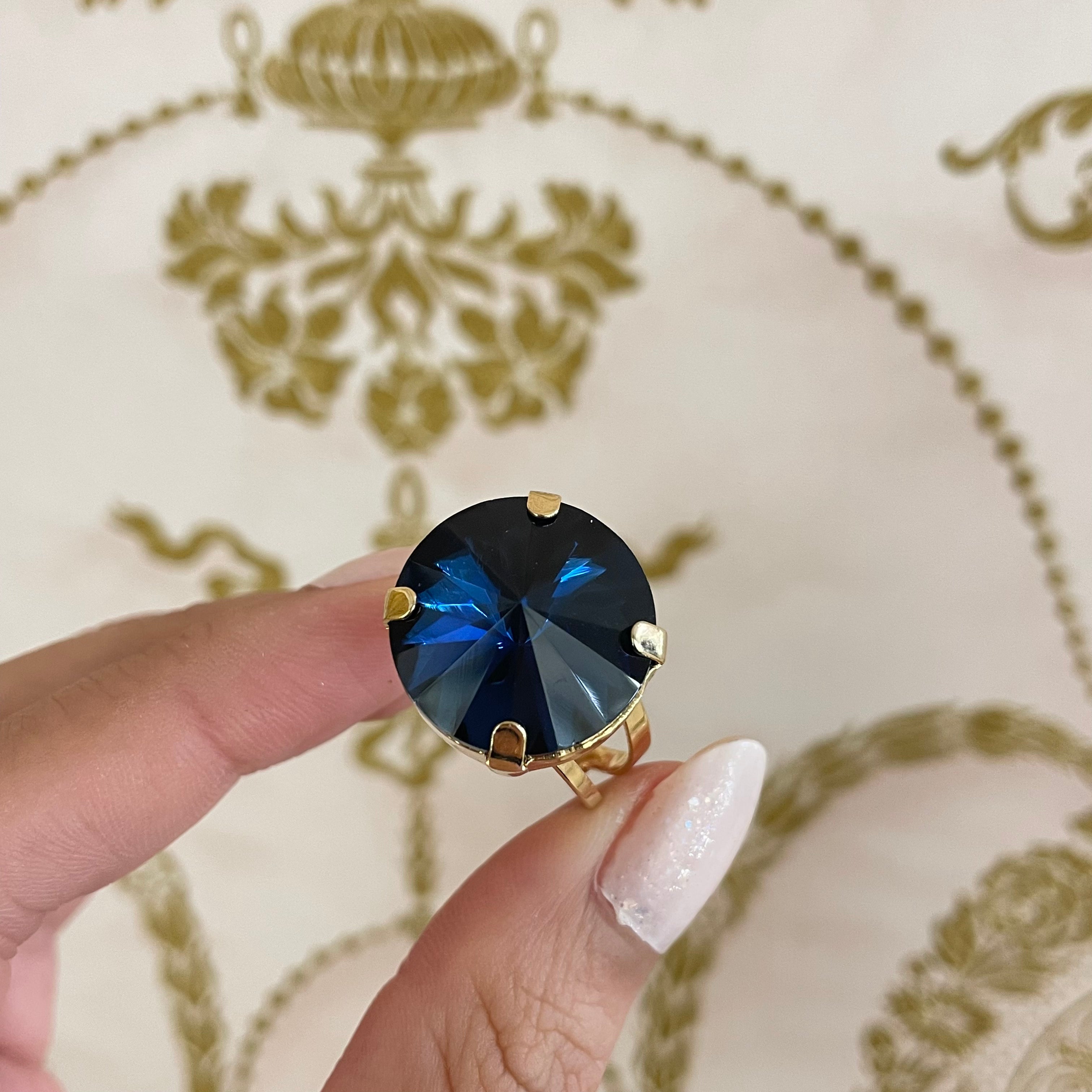 Navy blue round Swarovski crystal ring