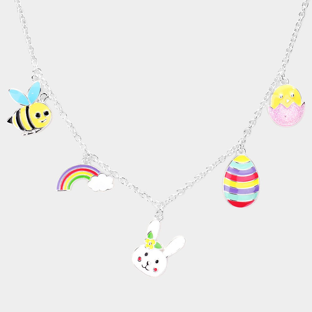 Enamel Honey Bee Rainbow Bunny Easter Egg Pendant Station Necklace