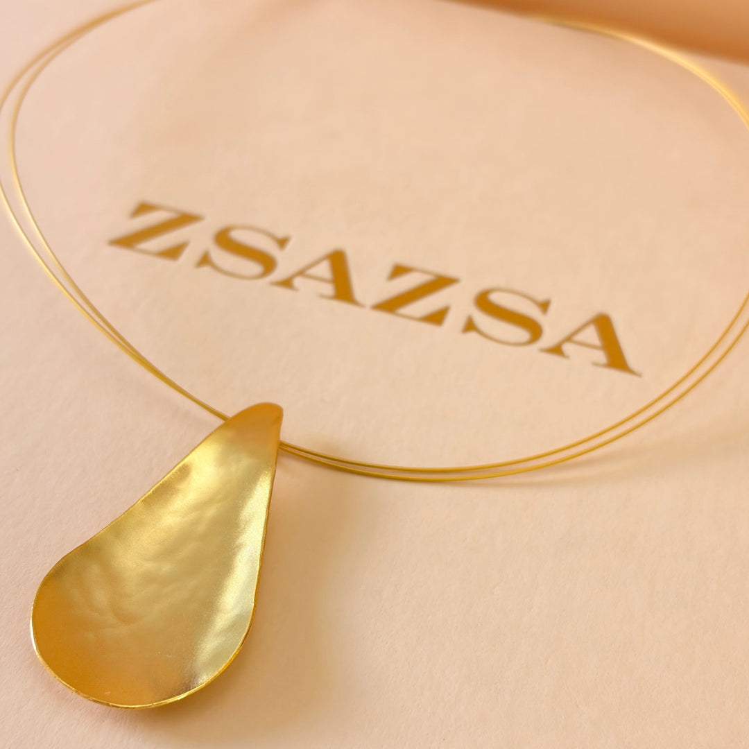 Handmade Teardrop Matte Gold Necklace | Gold Plated | ZsaZsa