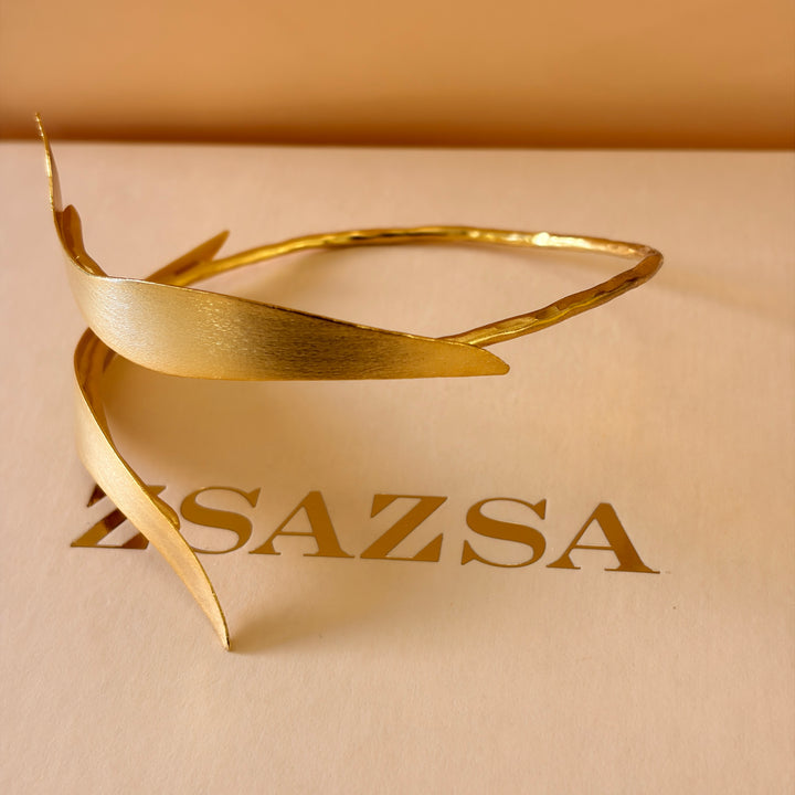 Handmade Sculpted Leaf Gold Bangle | Gold Plated | ZsaZsa