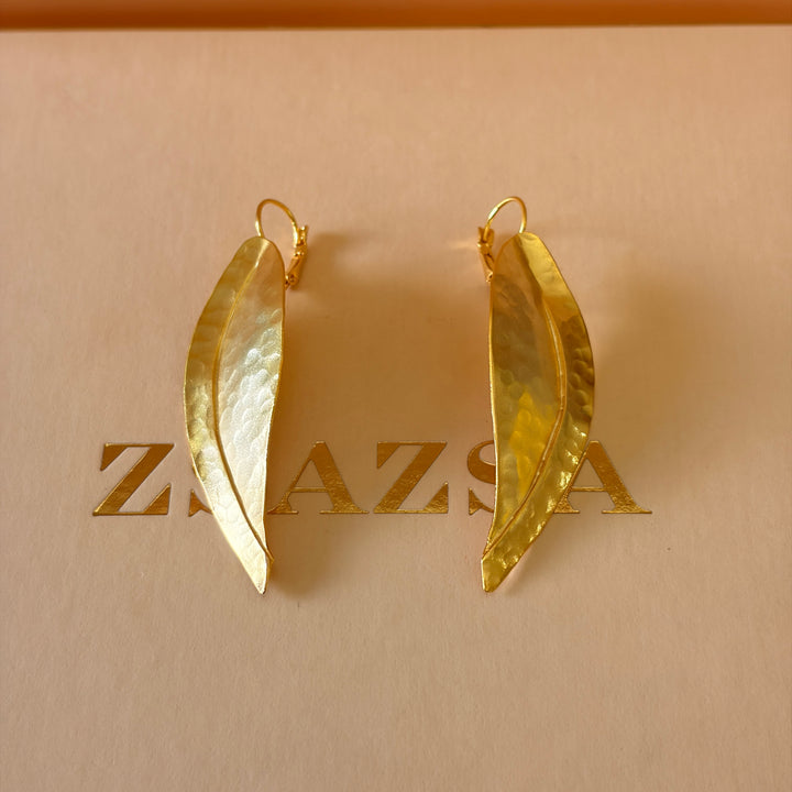 Handmade Long Leaf Gold Earrings | Gold Plated | ZsaZsa