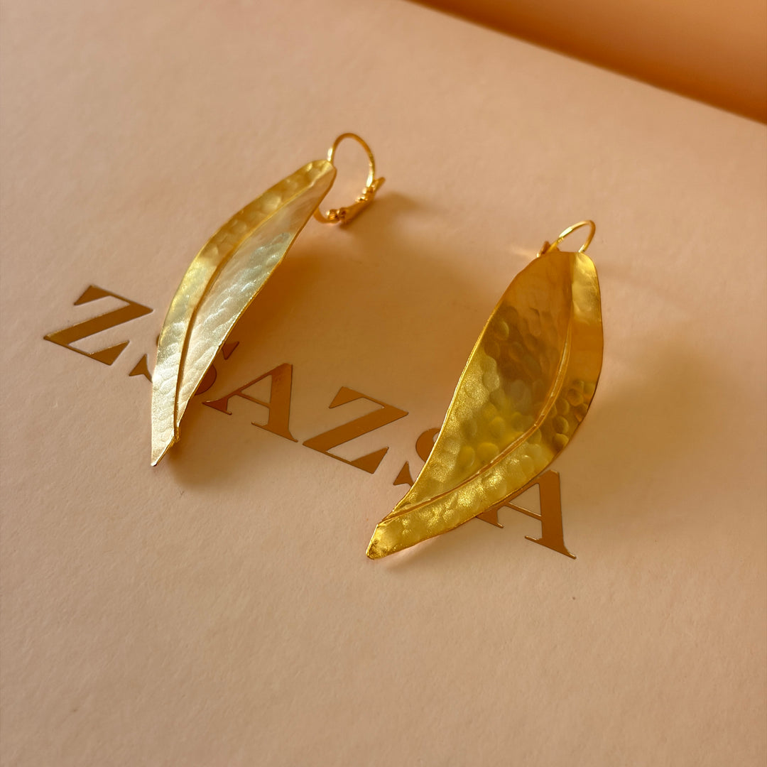 Handmade Long Leaf Gold Earrings | Gold Plated | ZsaZsa
