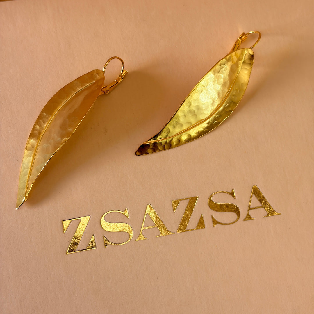 Handmade Long Leaf Gold Earrings | Gold Plated | ZsaZsa