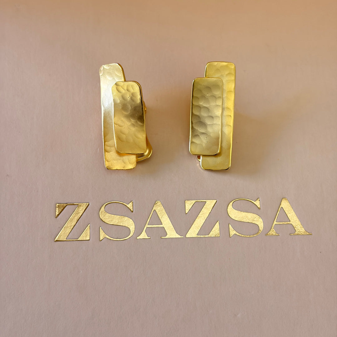 Handmade Overlapping Rectangles Clip on Earrings | Gold Plated | ZsaZsa