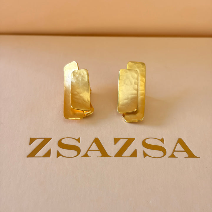 Handmade Overlapping Rectangles Clip on Earrings | Gold Plated | ZsaZsa