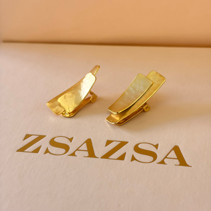 Handmade Overlapping Rectangles Clip on Earrings | Gold Plated | ZsaZsa