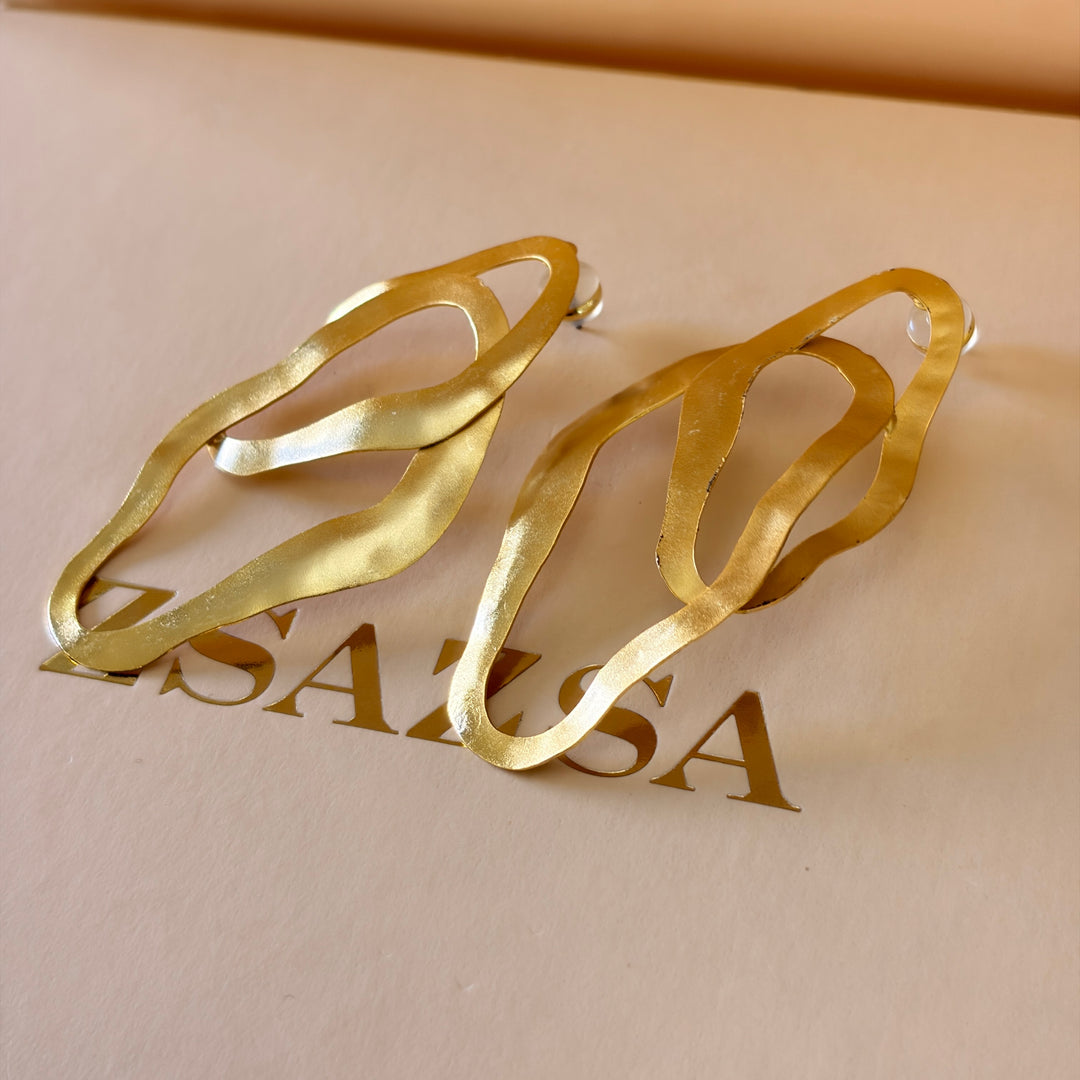 Handmade Abstract Oblong Gold Earrings  | Gold Plated | ZsaZsa