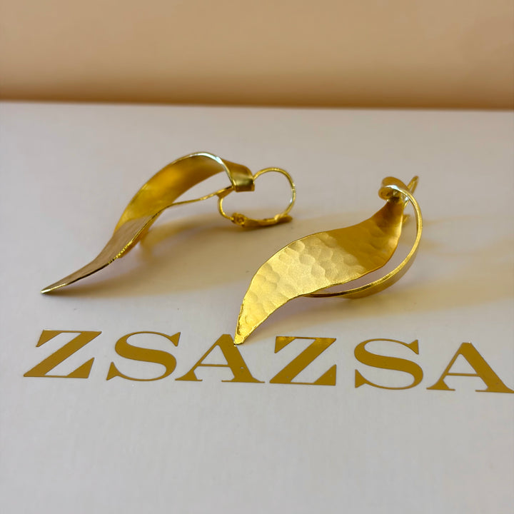 Handmade Abstract Twisted Leaf Gold Earrings | Gold Plated | ZsaZsa