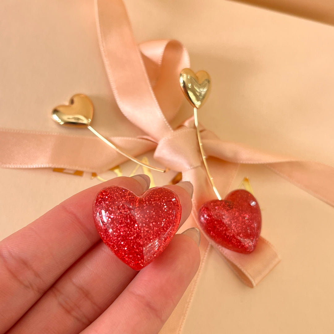 Magenta Cherry heart resin Front-Back earrings