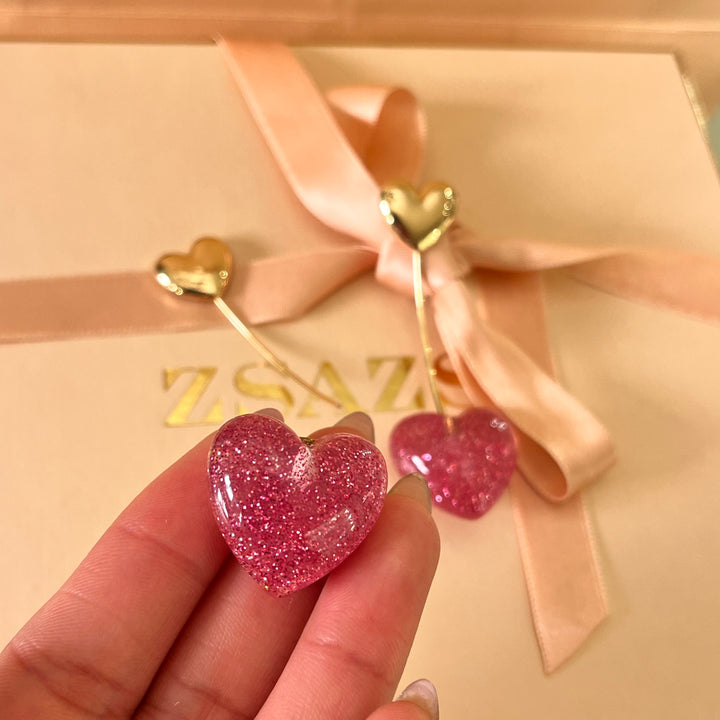 Pink Cherry heart resin Front-Back earrings