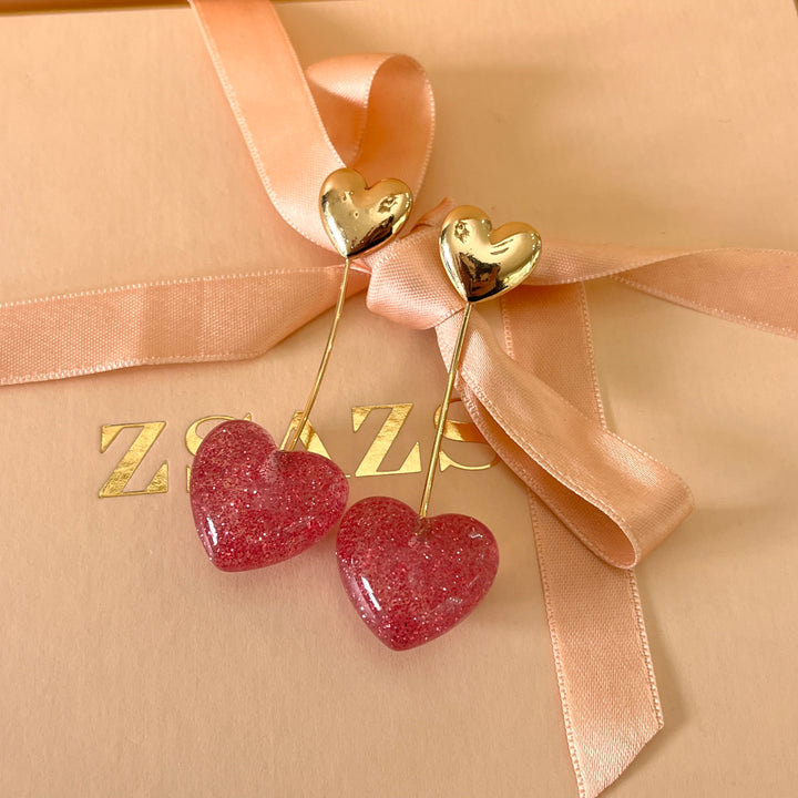 Pink Cherry heart resin Front-Back earrings