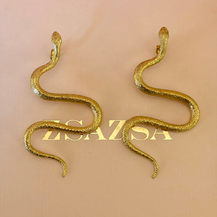 Statement Wide Shiny Snake Earrings  | Gold Plated | ZsaZsa