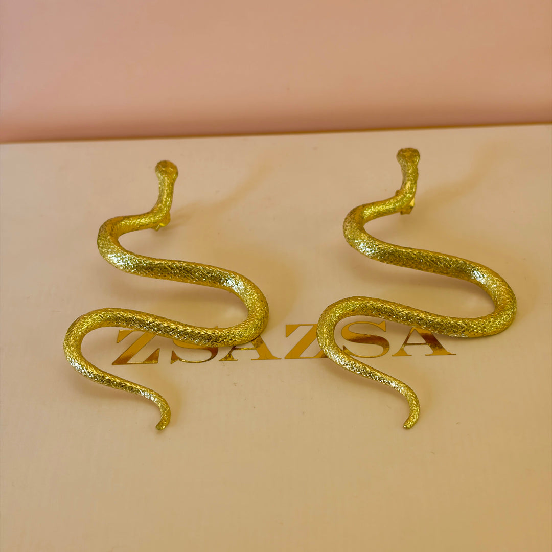 Statement Wide Shiny Snake Earrings  | Gold Plated | ZsaZsa