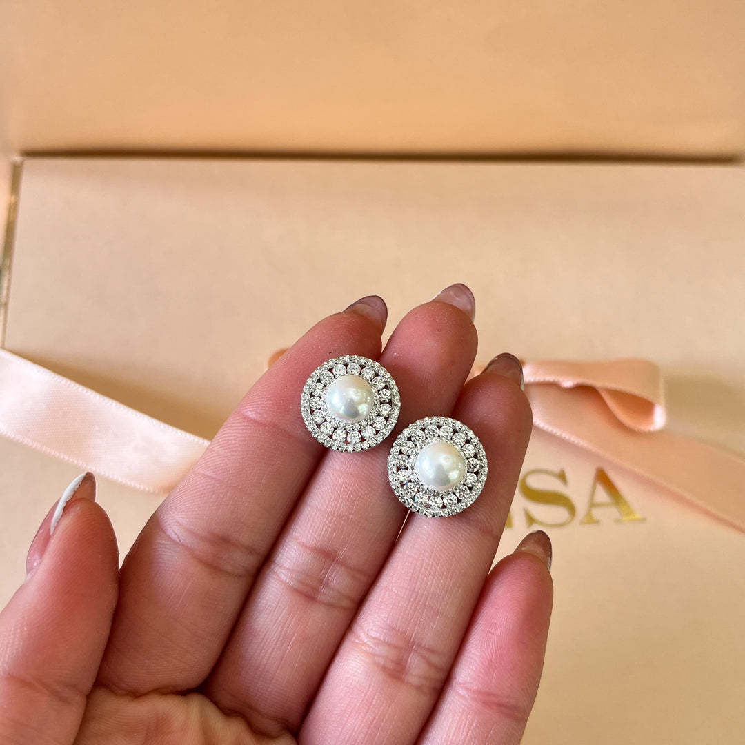 Zircone and white pearls sterling silver studs