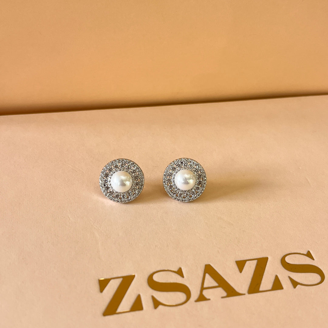 Zircone and white pearls sterling silver studs
